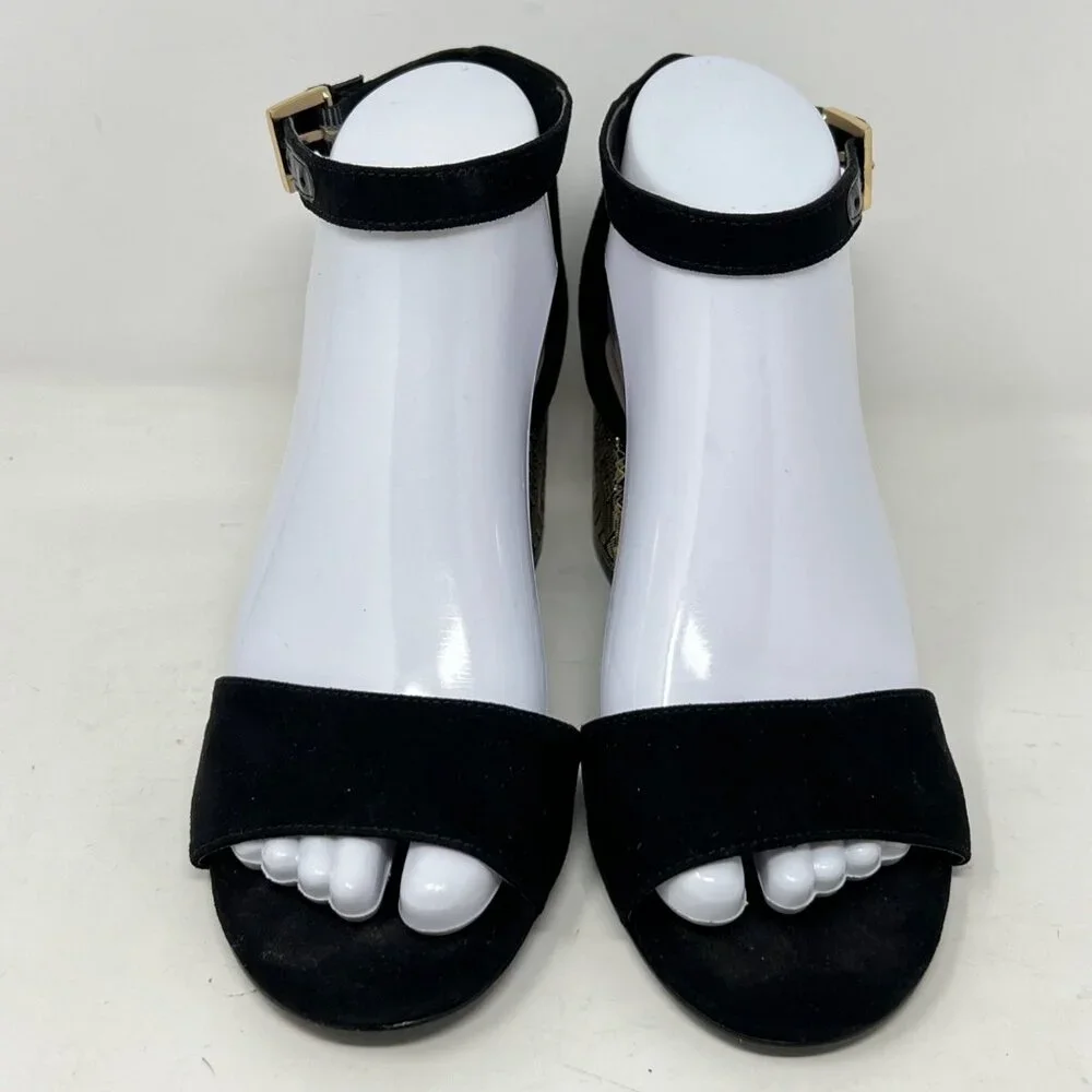 Nine West‎ Black Faux Suede Ankle Strap Gold Design Block Heels Size 6.5M